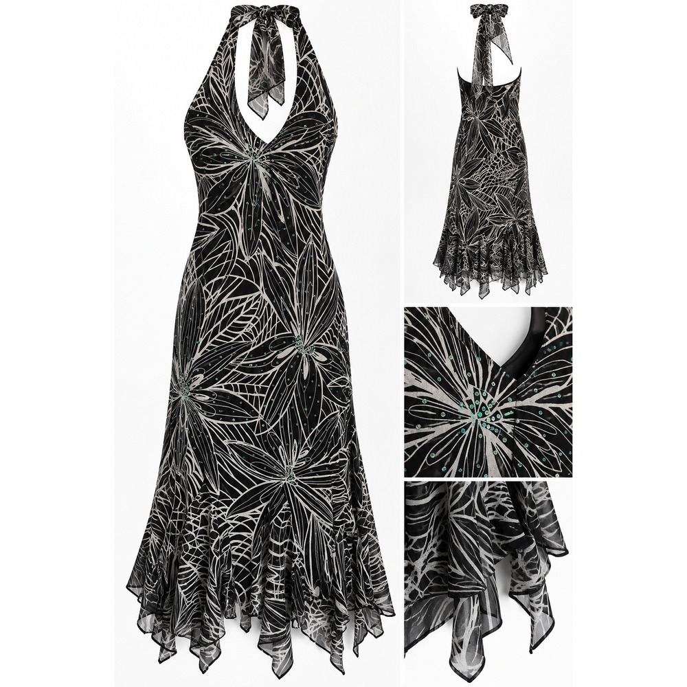 Vintage Cato Black Floral Rhinestone Halter Handkerchief Hem Midi Dress 14